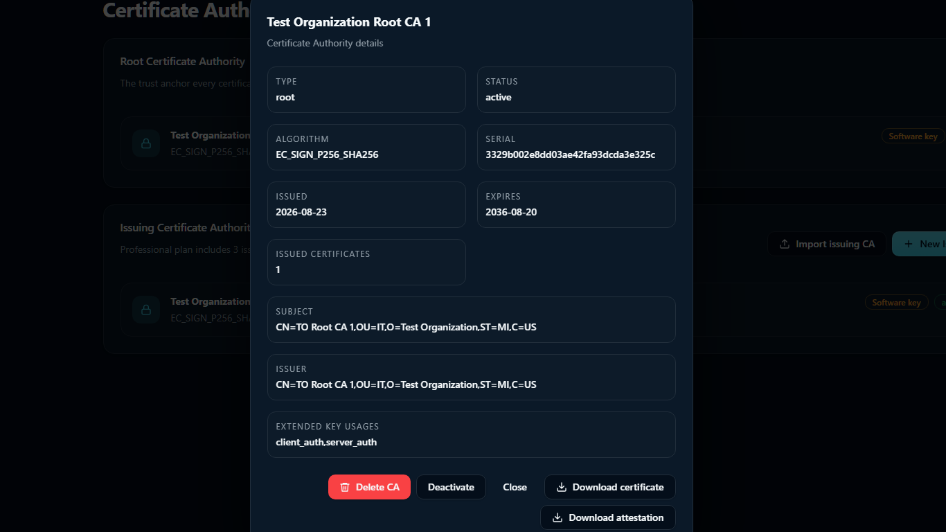 The Certificate Authority details dialog, with its status and actions
