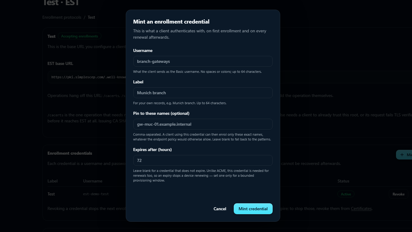The Mint an enrollment credential dialog