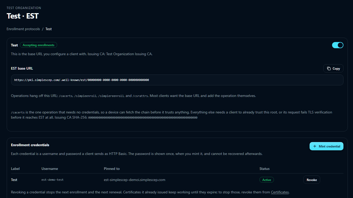 An EST endpoint page, with base URL and enrollment credentials