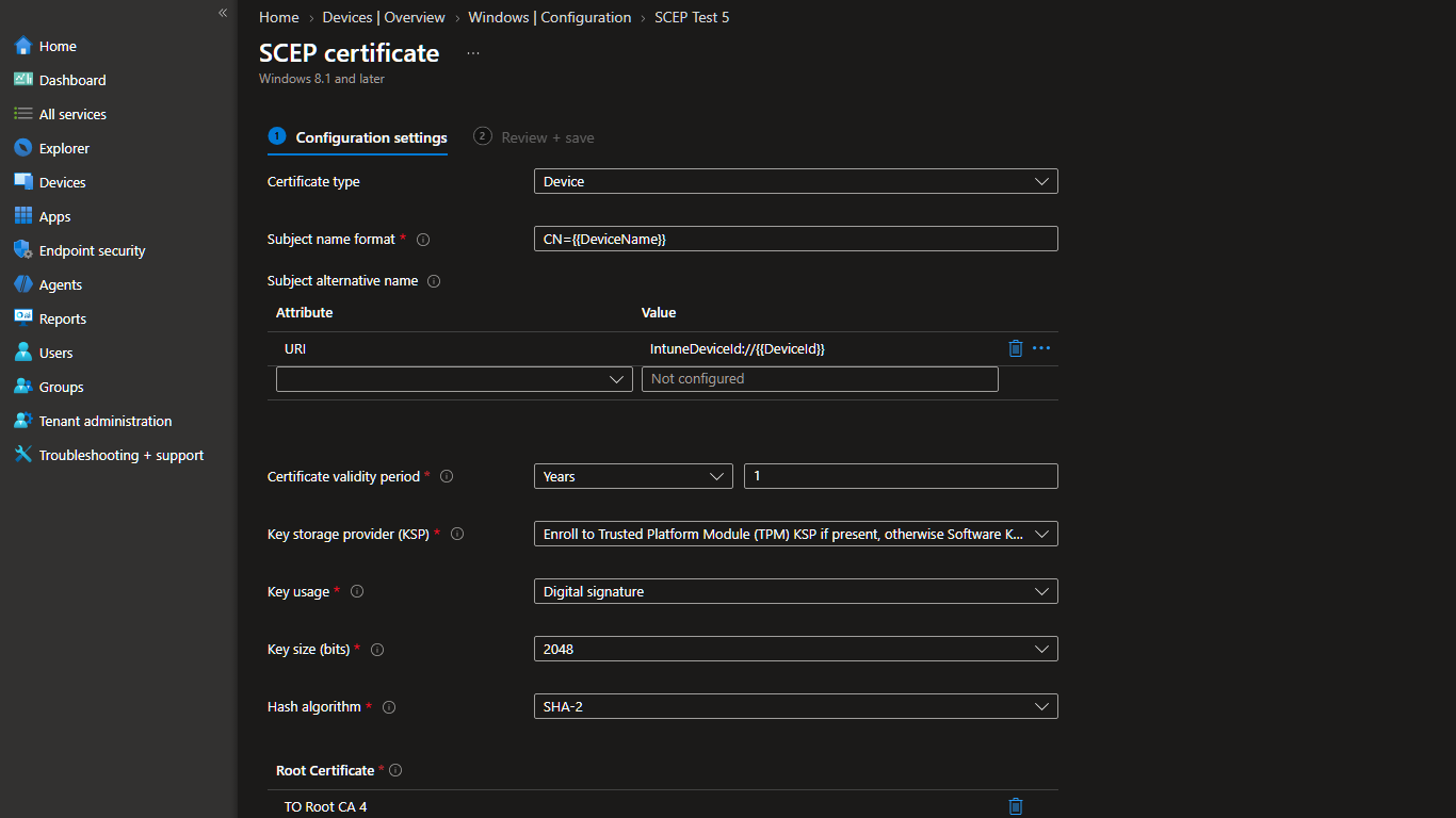 The top of a SCEP certificate profile configured for a device certificate