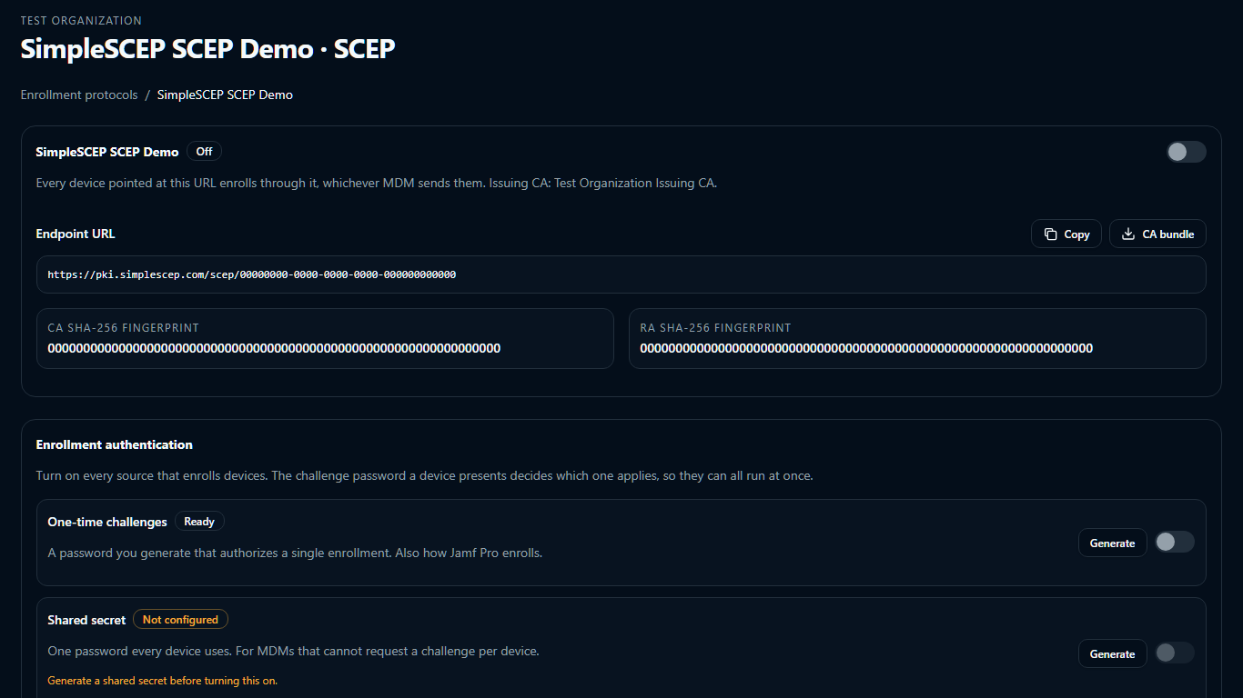 A SCEP endpoint page: URL, CA bundle, and fingerprints
