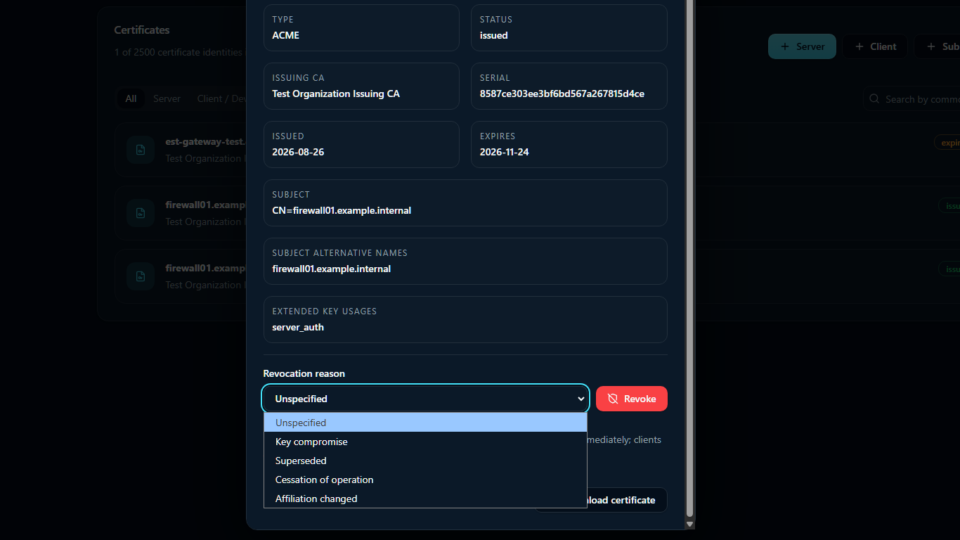 The Certificate details dialog with the revocation reason picker