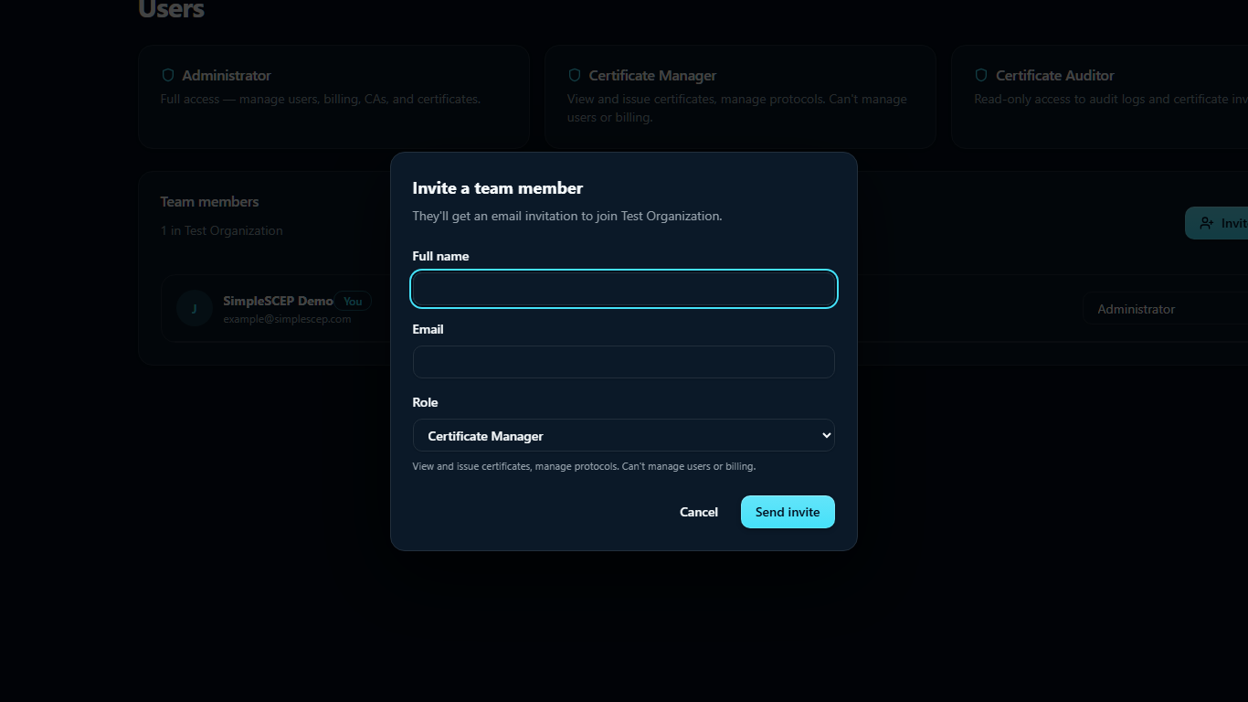 The Invite a team member dialog with the role picker open